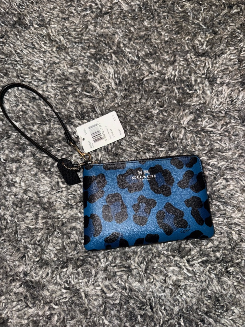 COACH Blue and Black Leopard Print Leather Wristlet